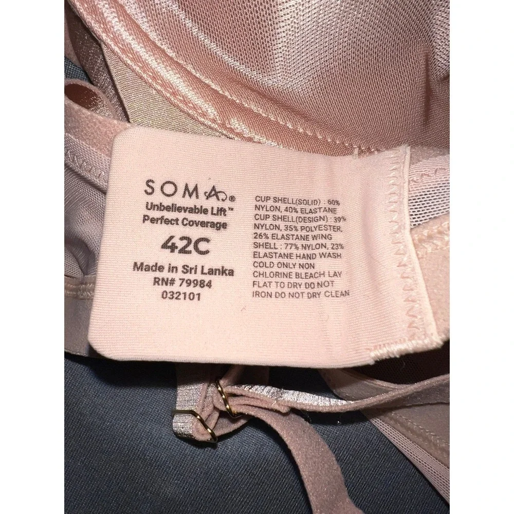 Soma Unbelievable Lift Perfect Coverage Underwire Bra Peach Rose Gold 42C